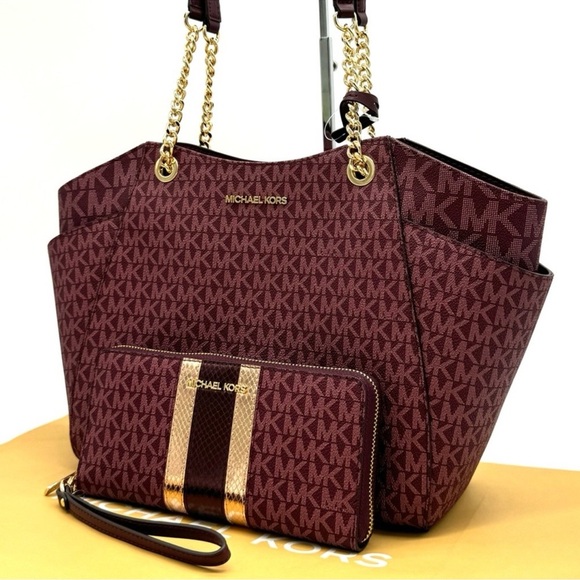 Michael Kors Large JST Chain Shoulder Bag & Large Continental Wallet Ox Blood - Picture 2 of 12